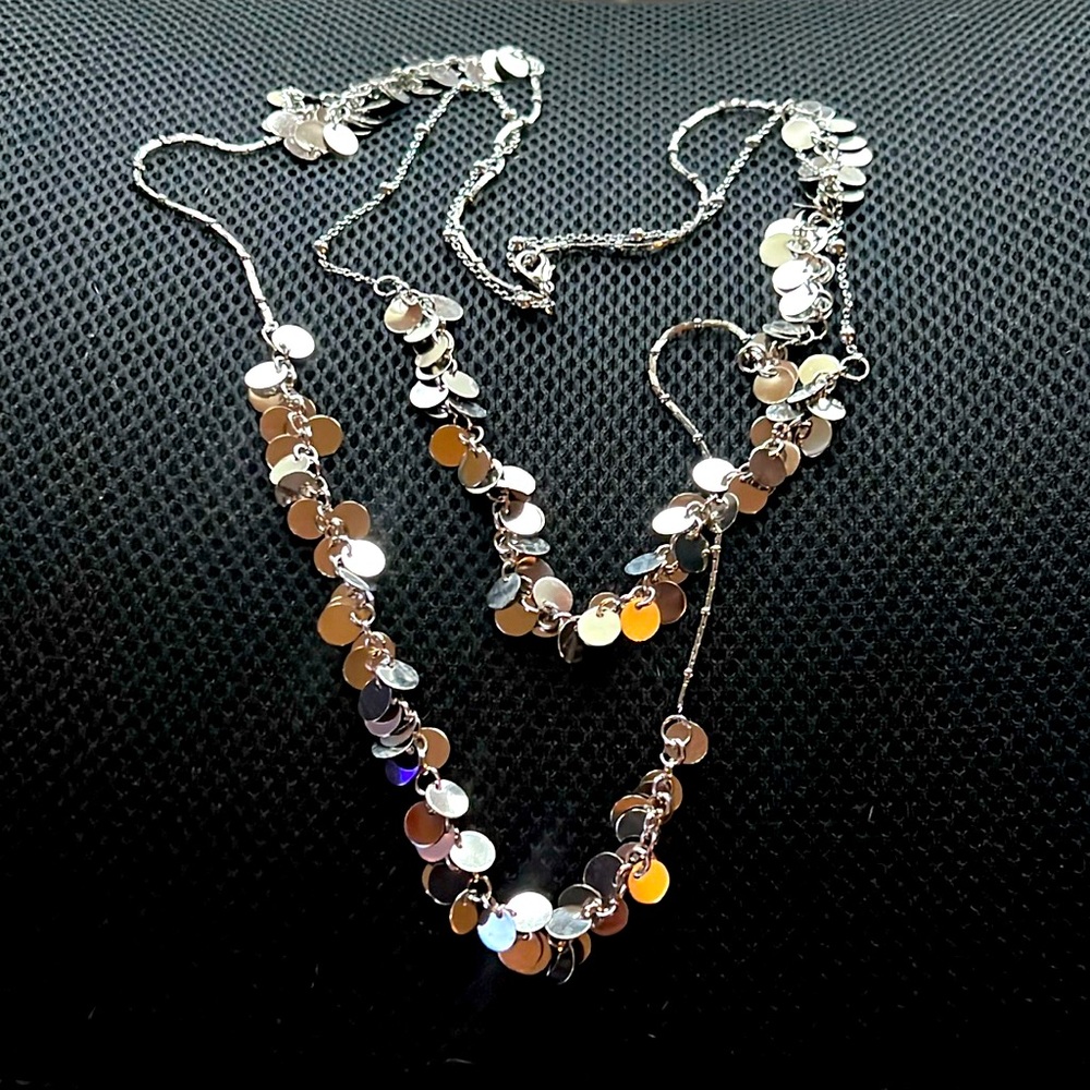 New Silver Tone Disks Double Strain Long Statement Necklace